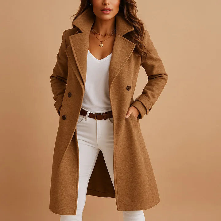 Women's Double Breasted Coat with Notched Lapels - Brown