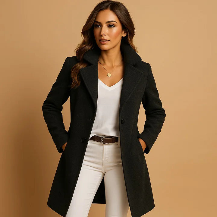 Women's Double Breasted Coat with Notched Lapels - Black
