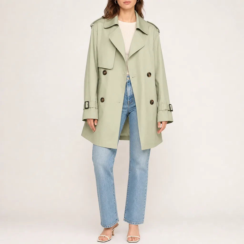 Women's Double Breasted Coat with Sleeve Buckle Tabs - Green
