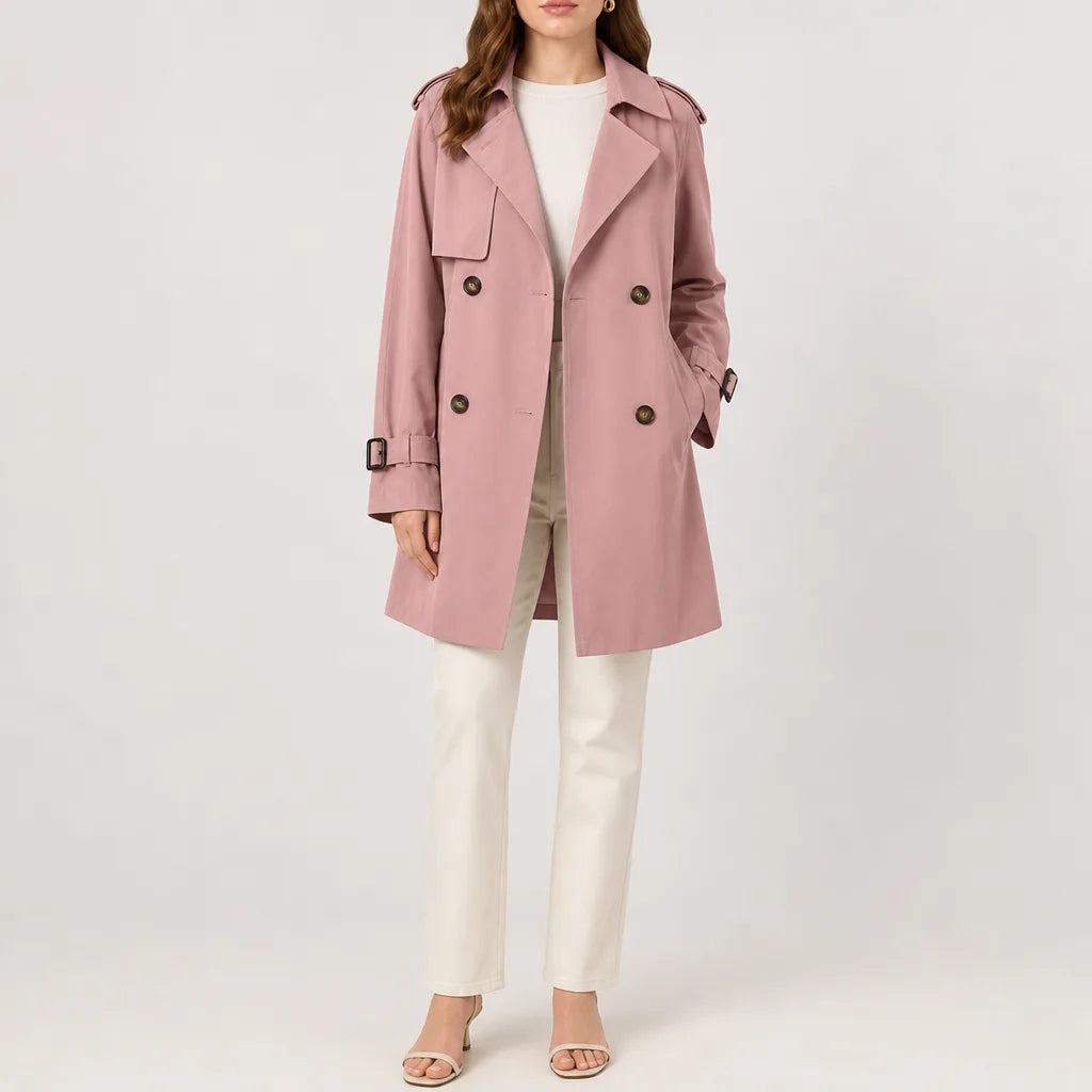 Women's Double Breasted Coat with Sleeve Buckle Tabs - Coral Pink