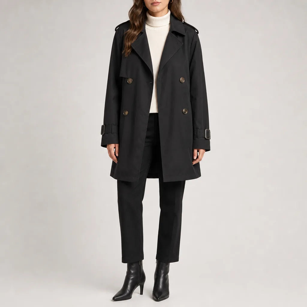Women's Double Breasted Coat with Sleeve Buckle Tabs - Black