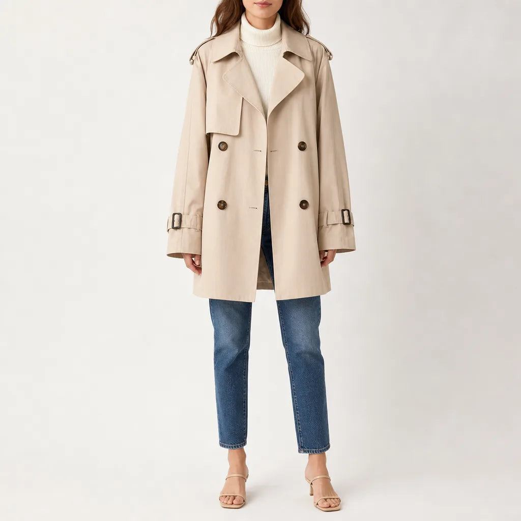 Women's Double Breasted Coat with Sleeve Buckle Tabs - Beige