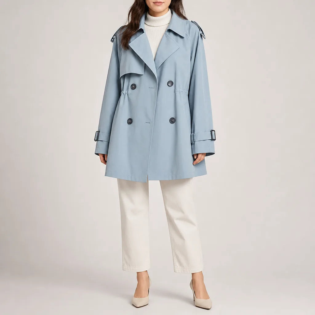 Women's Double Breasted Coat with Sleeve Buckle Tabs - Blue