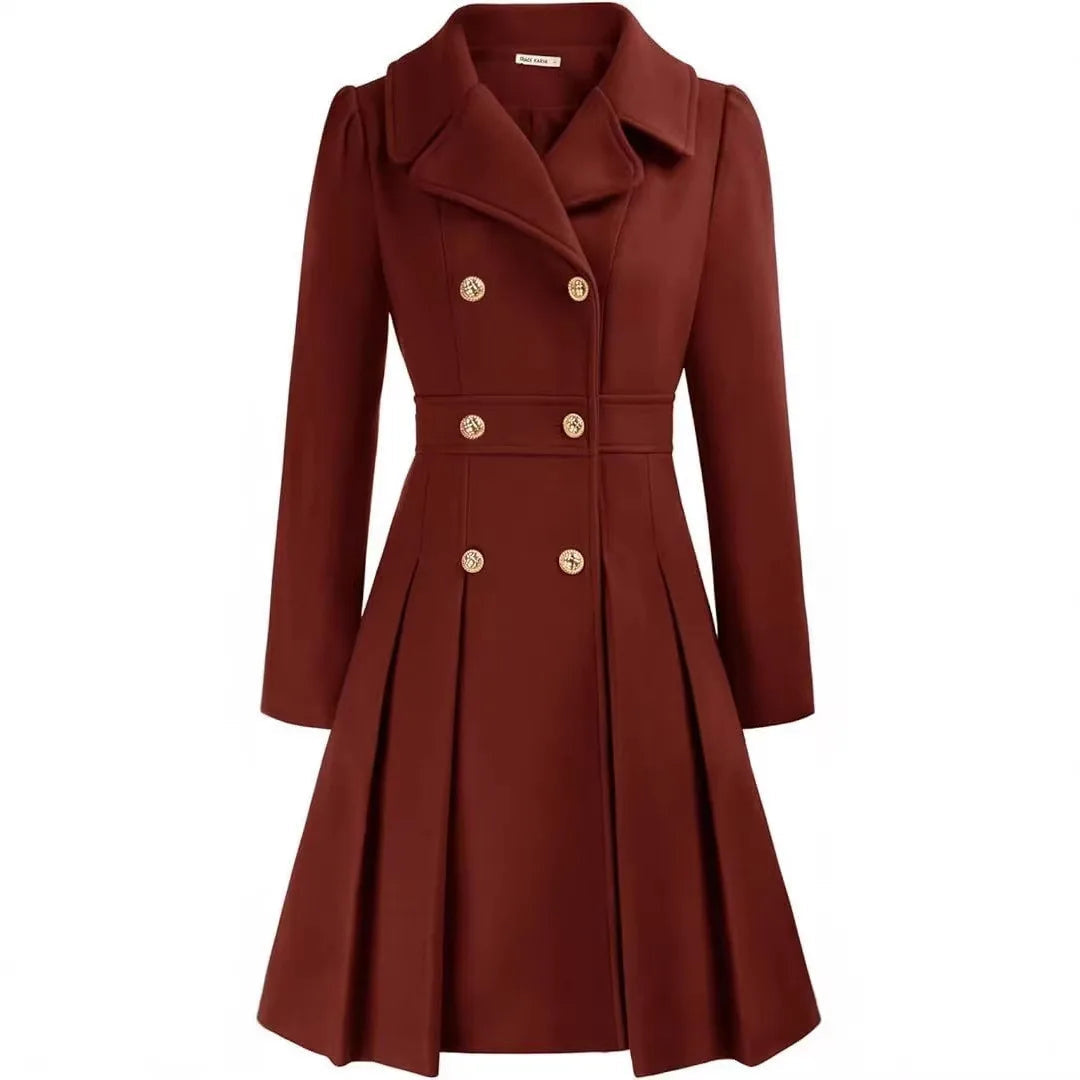 Women's Double Breasted Flared Coat with Gold Tone Buttons - Burgundy