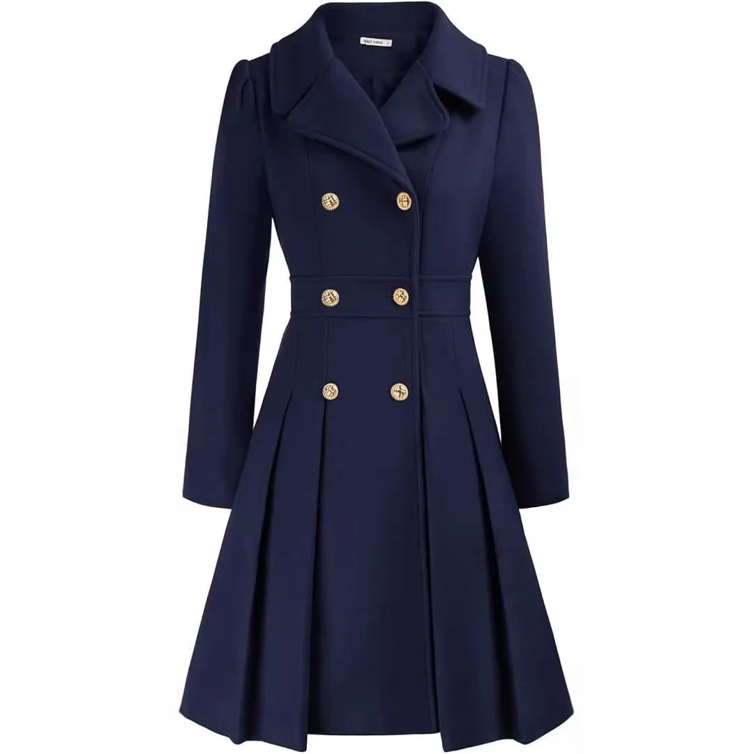 Women's Double Breasted Flared Coat with Gold Tone Buttons - Navy