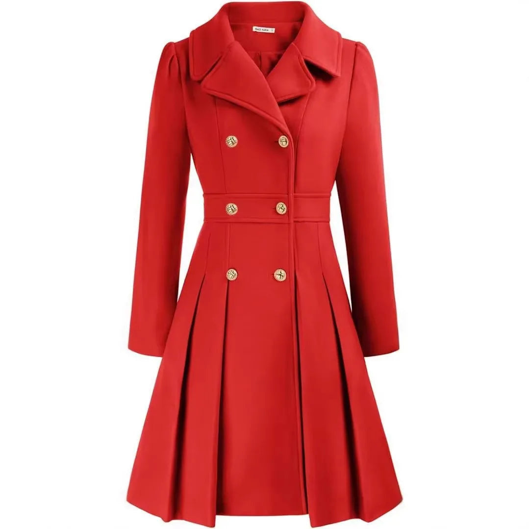 Women's Double Breasted Flared Coat with Gold Tone Buttons - Red