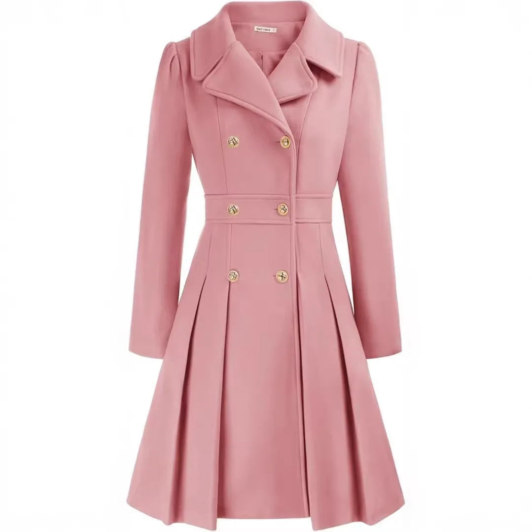 Women's Double Breasted Flared Coat with Gold Tone Buttons - Pink