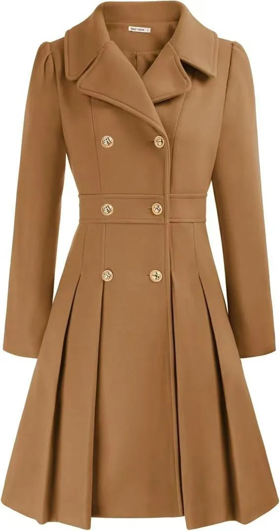 Women's Double Breasted Flared Coat with Gold Tone Buttons - Brown