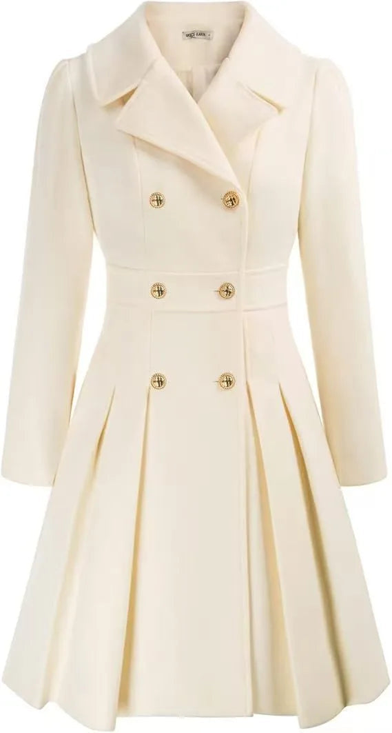 Women's Double Breasted Flared Coat with Gold Tone Buttons - White