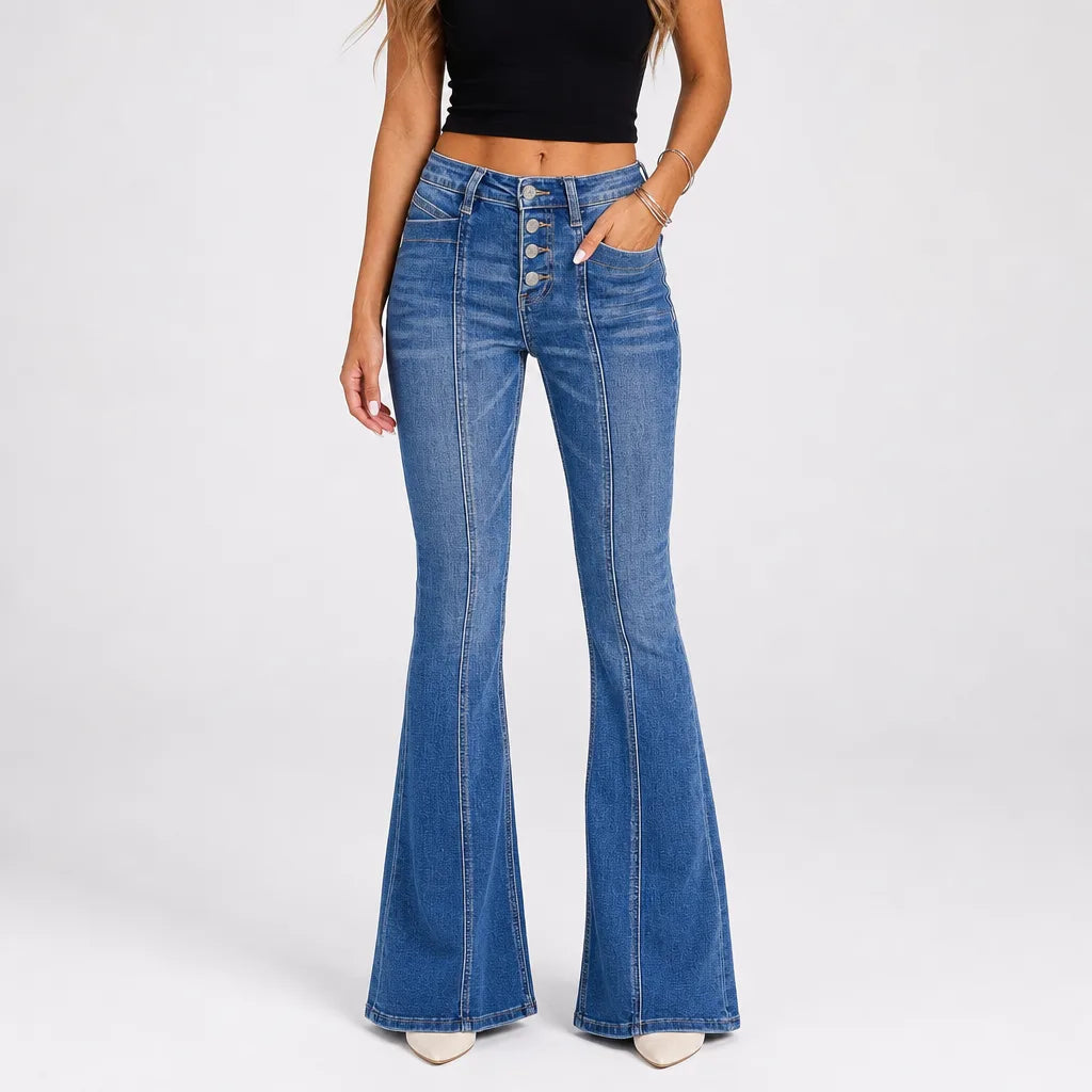 Women's Flared Jeans with Faded Front and Long Hem - Blue
