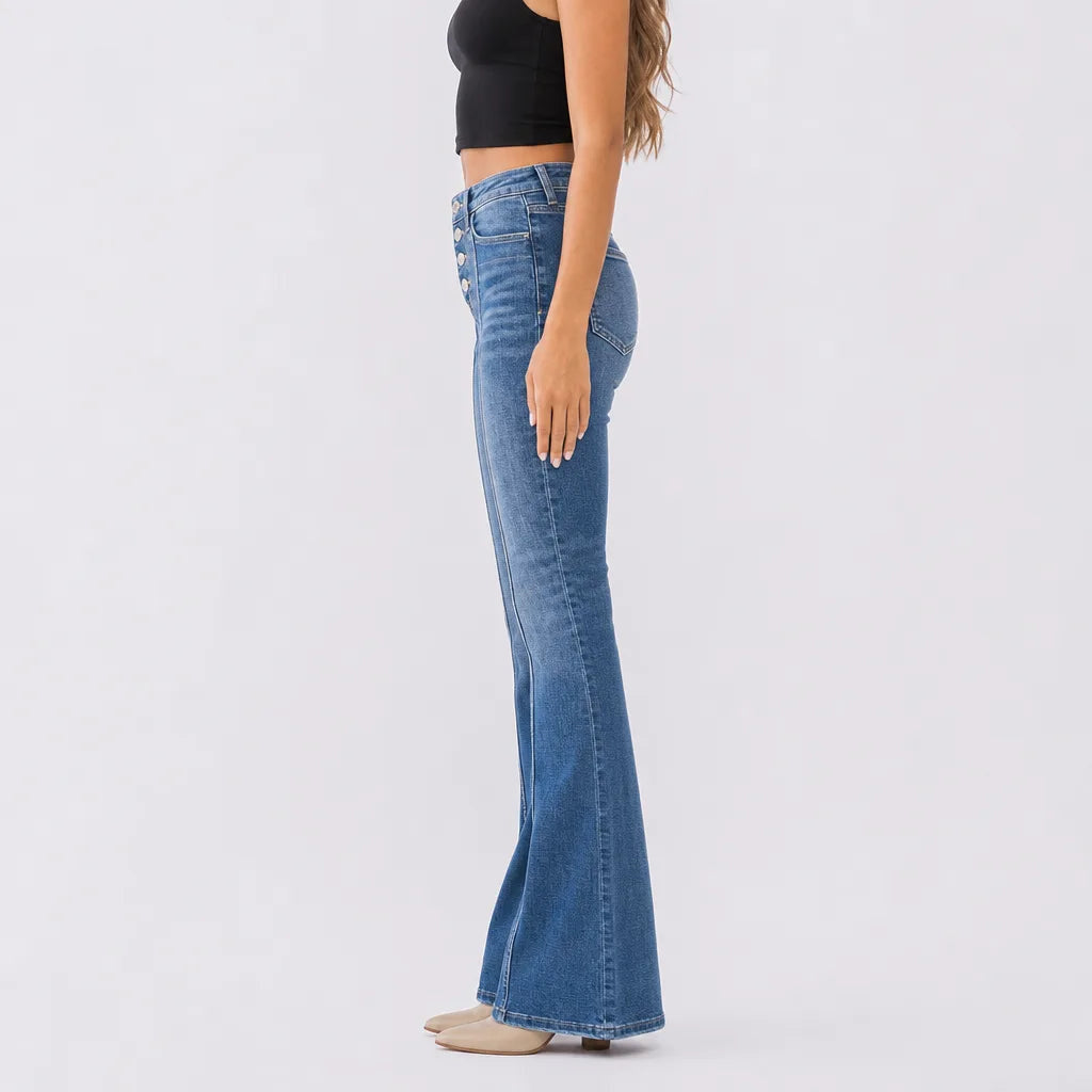 Women's Flared Jeans with Faded Front and Long Hem - Blue