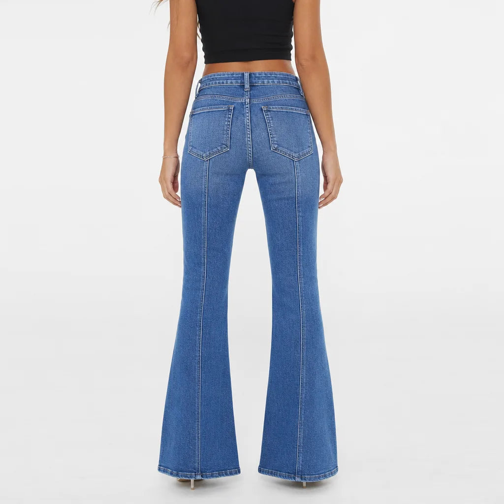 Women's Flared Jeans with Faded Front and Long Hem - Blue
