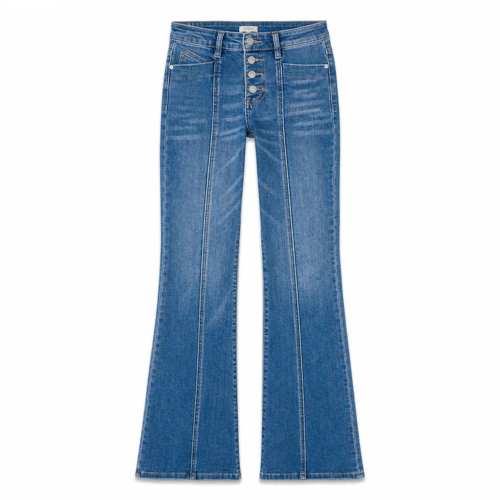 Women's Flared Jeans with Faded Front and Long Hem - Blue
