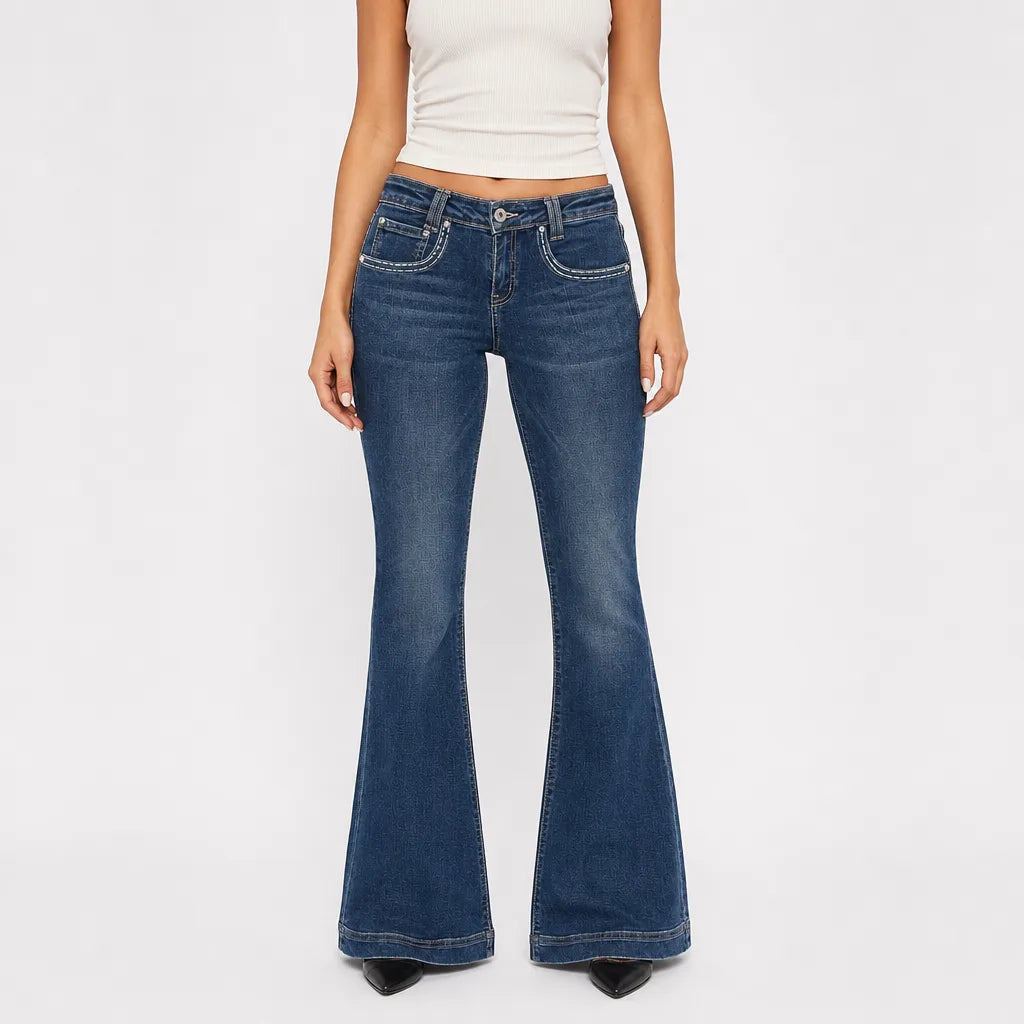 Women's Flared Jeans with Faded Front Leg Panels - Blue