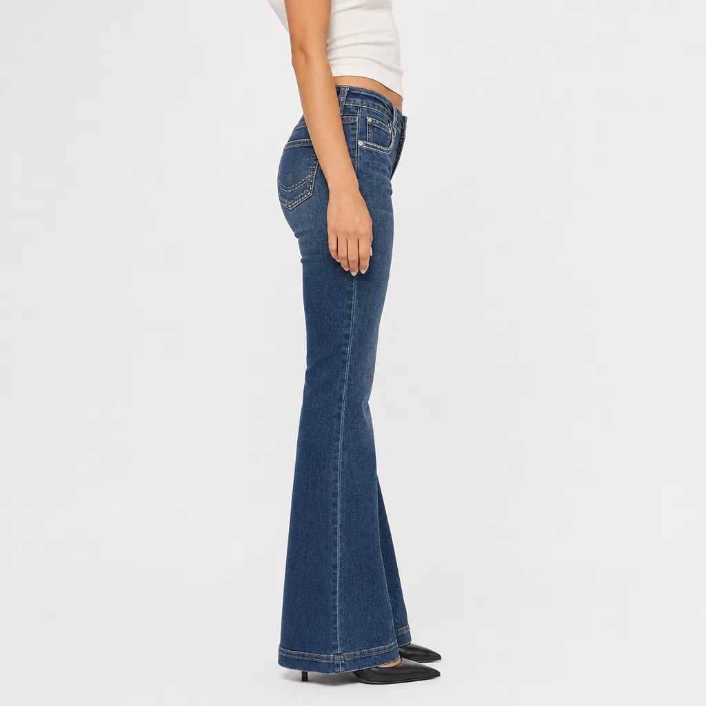 Women's Flared Jeans with Faded Front Leg Panels - Blue