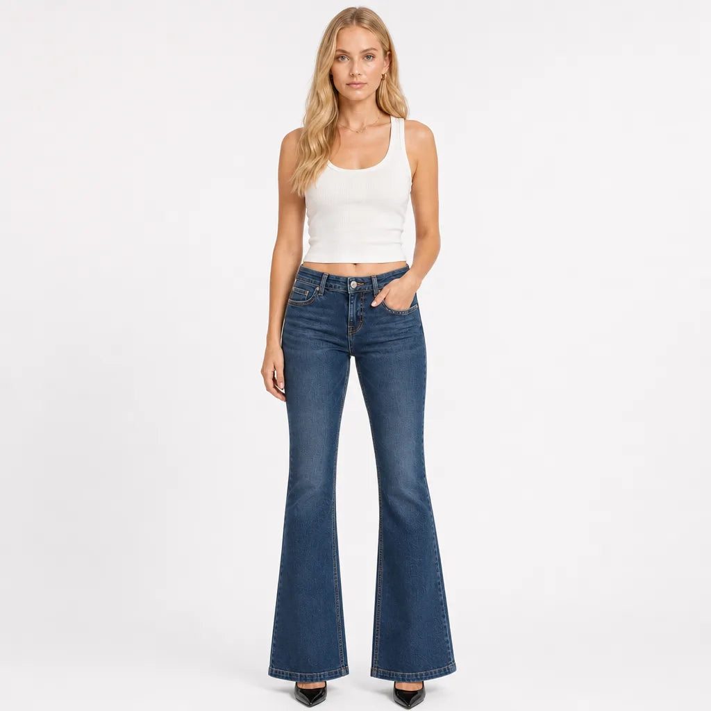 Women's Flared Jeans with Faded Front Leg Panels - Blue