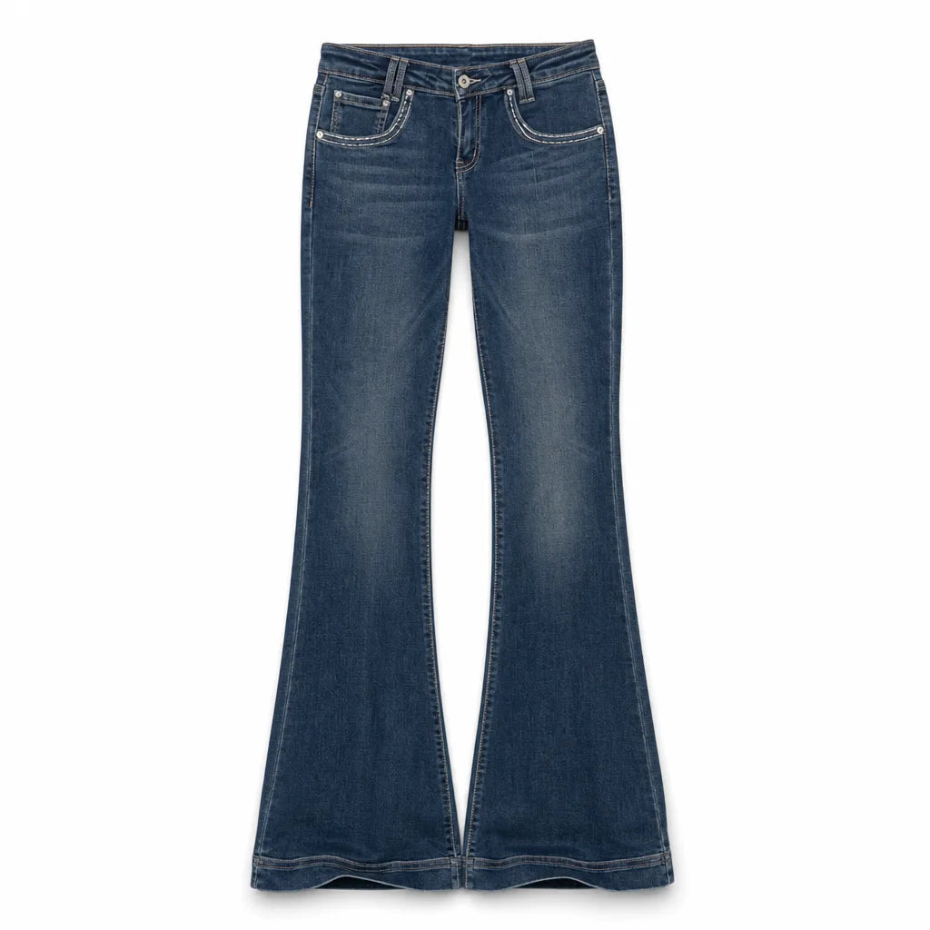Women's Flared Jeans with Faded Front Leg Panels - Blue