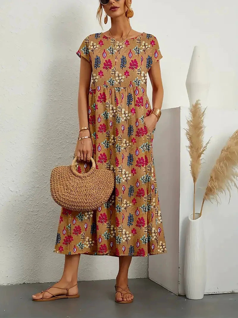 Women's Floral Short Sleeve Midi Dress with Gathered Waist - Brown