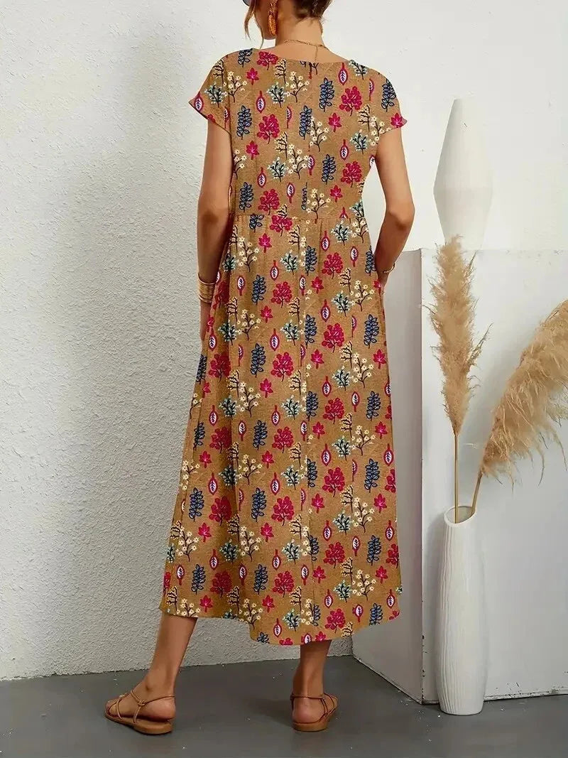 Women's Floral Short Sleeve Midi Dress with Gathered Waist - Brown