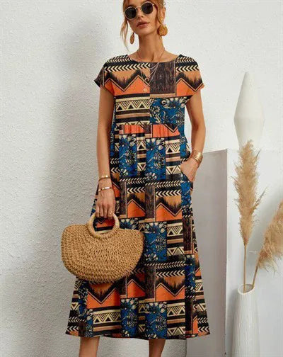 Women's Floral Short Sleeve Midi Dress with Gathered Waist - Orange