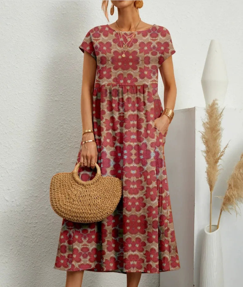 Women's Floral Short Sleeve Midi Dress with Gathered Waist - Red