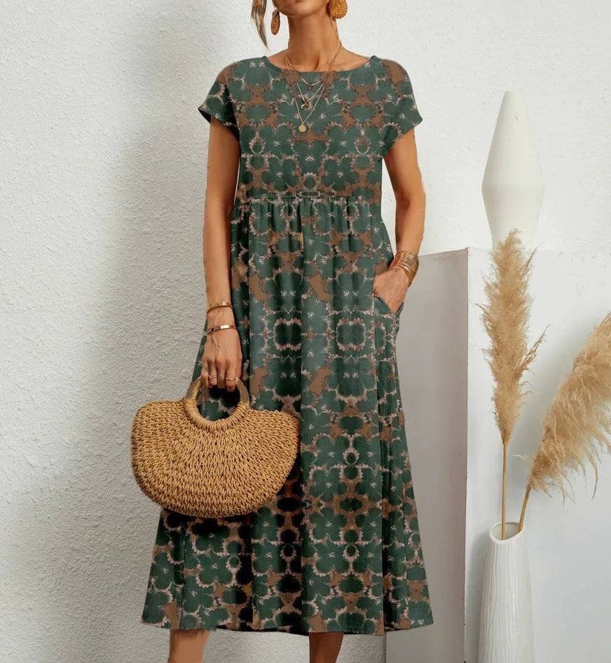 Women's Floral Short Sleeve Midi Dress with Gathered Waist - Green
