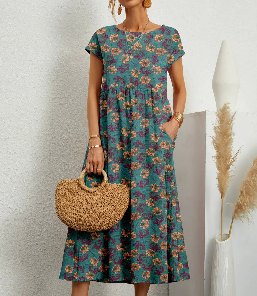 Women's Floral Short Sleeve Midi Dress with Gathered Waist - Blue