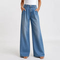 Women's Gathered Waist Wide Leg Jeans with Front Pockets - Blue