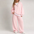 Women's Half Zip Lounge Set with Wide Leg Pants - Pink