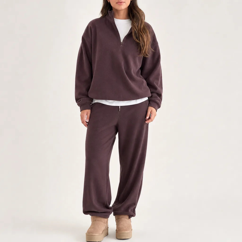 Women's Half Zip Lounge Set with Wide Leg Pants - Brown
