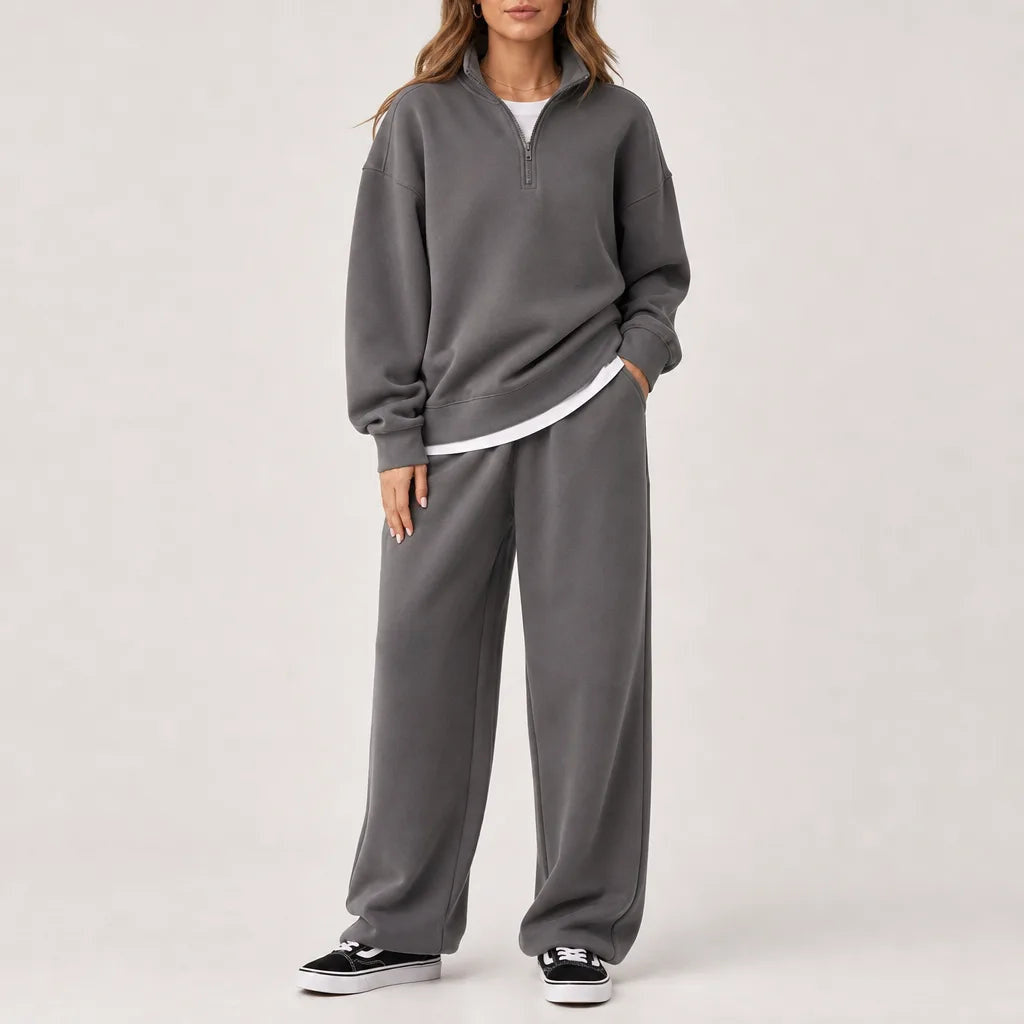Women's Half Zip Lounge Set with Wide Leg Pants - Gray