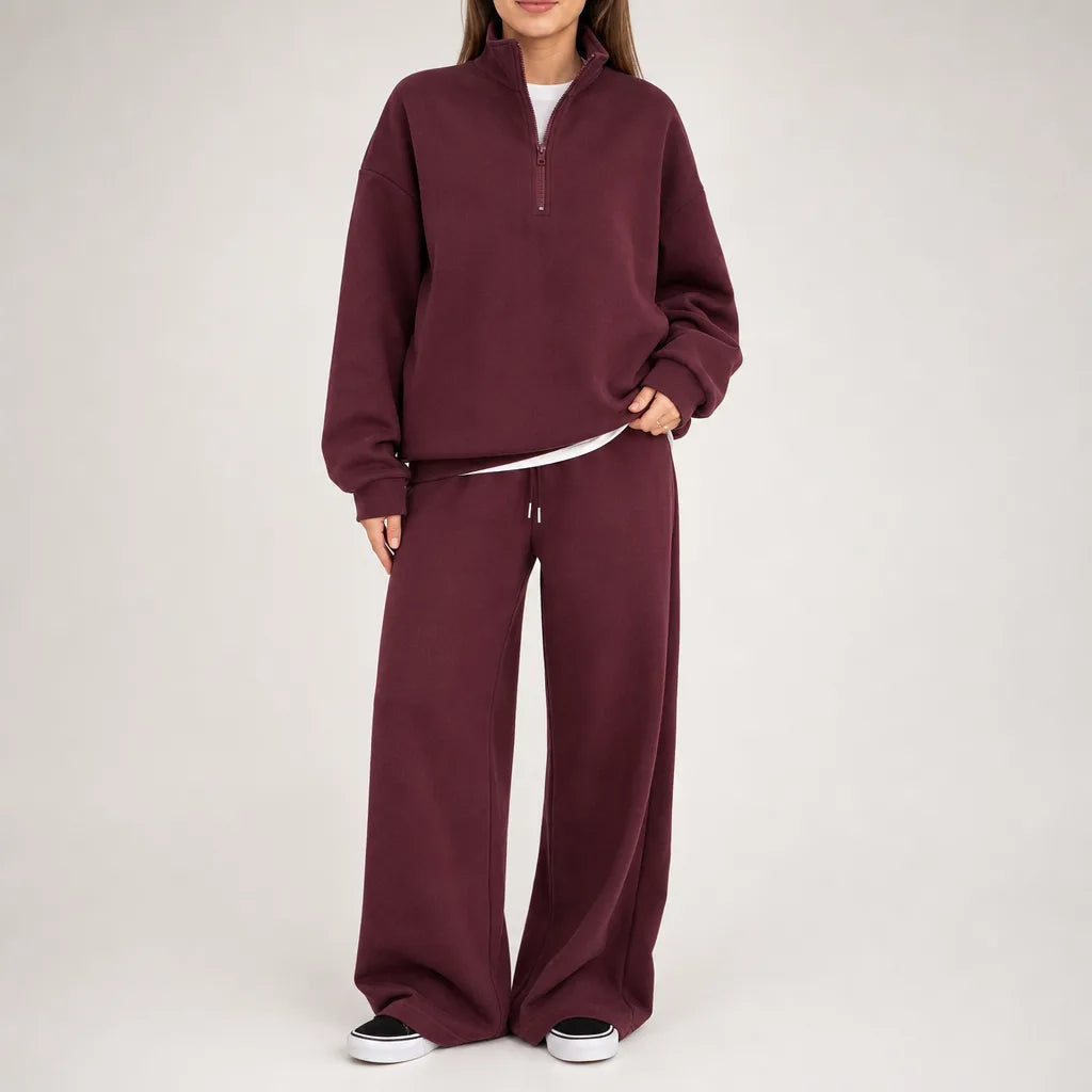 Women's Half Zip Lounge Set with Wide Leg Pants - Red