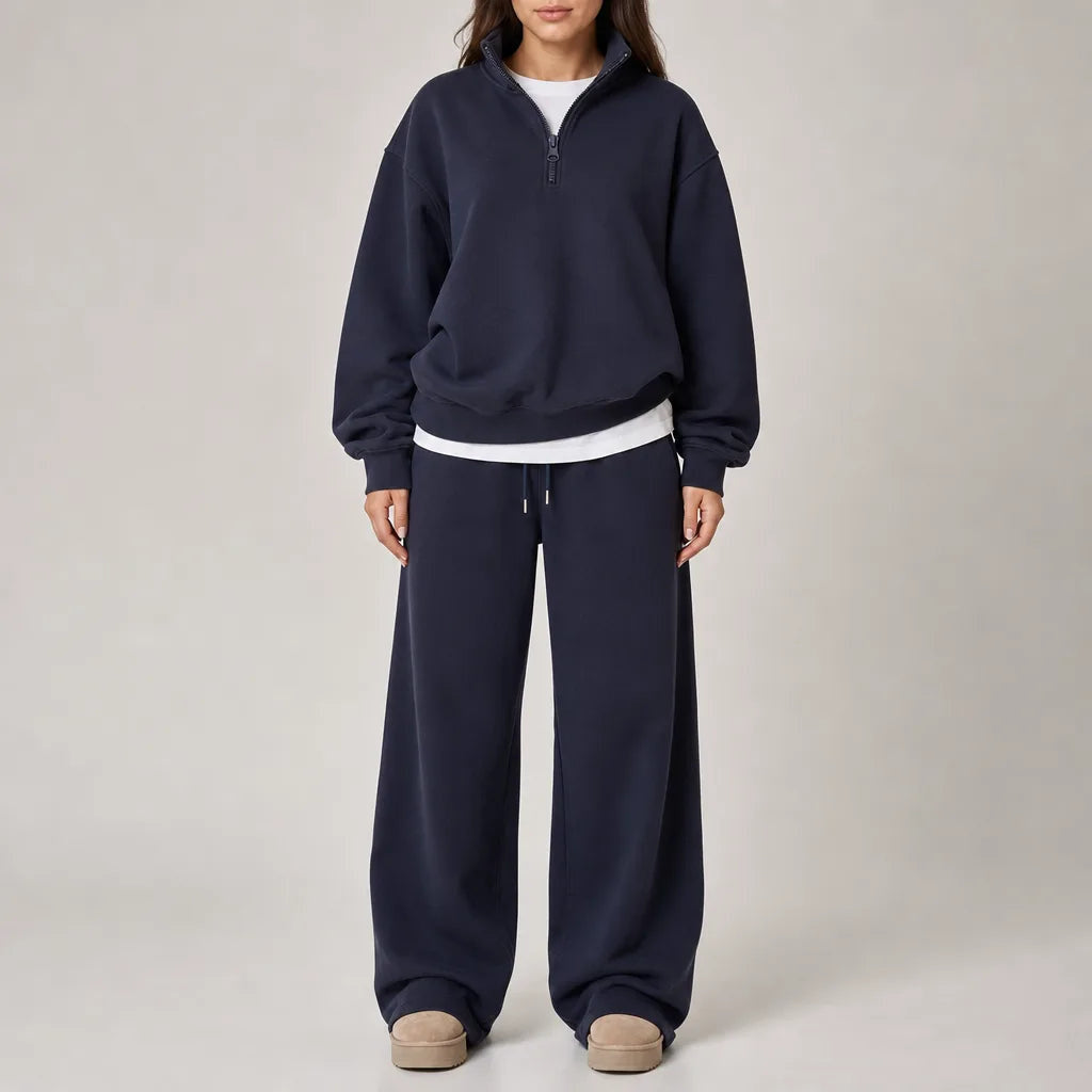 Women's Half Zip Lounge Set with Wide Leg Pants - Blue