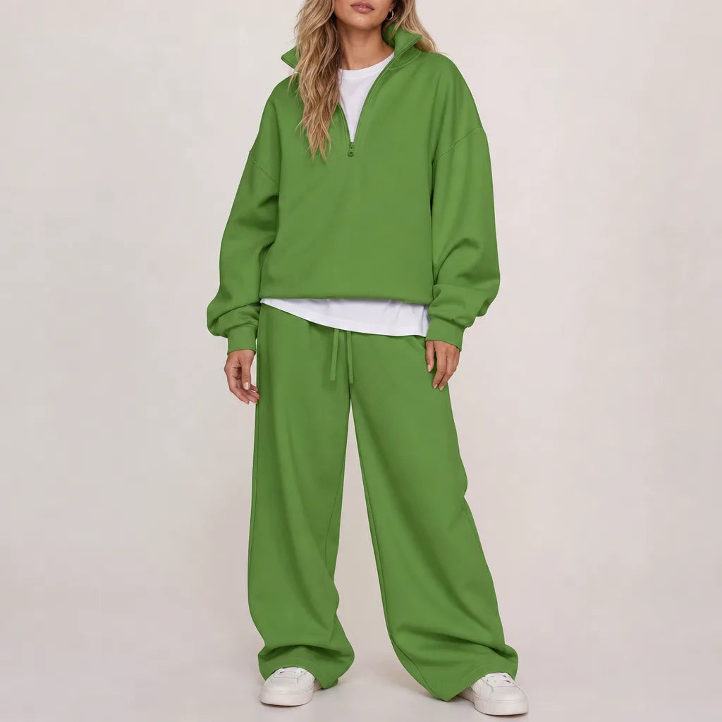 Women's Half Zip Lounge Set with Wide Leg Pants - Green