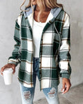 Women's Hooded Check Coat with Full Button Front - Green