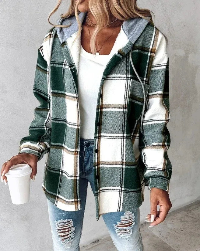 Women's Hooded Check Coat with Full Button Front - Green