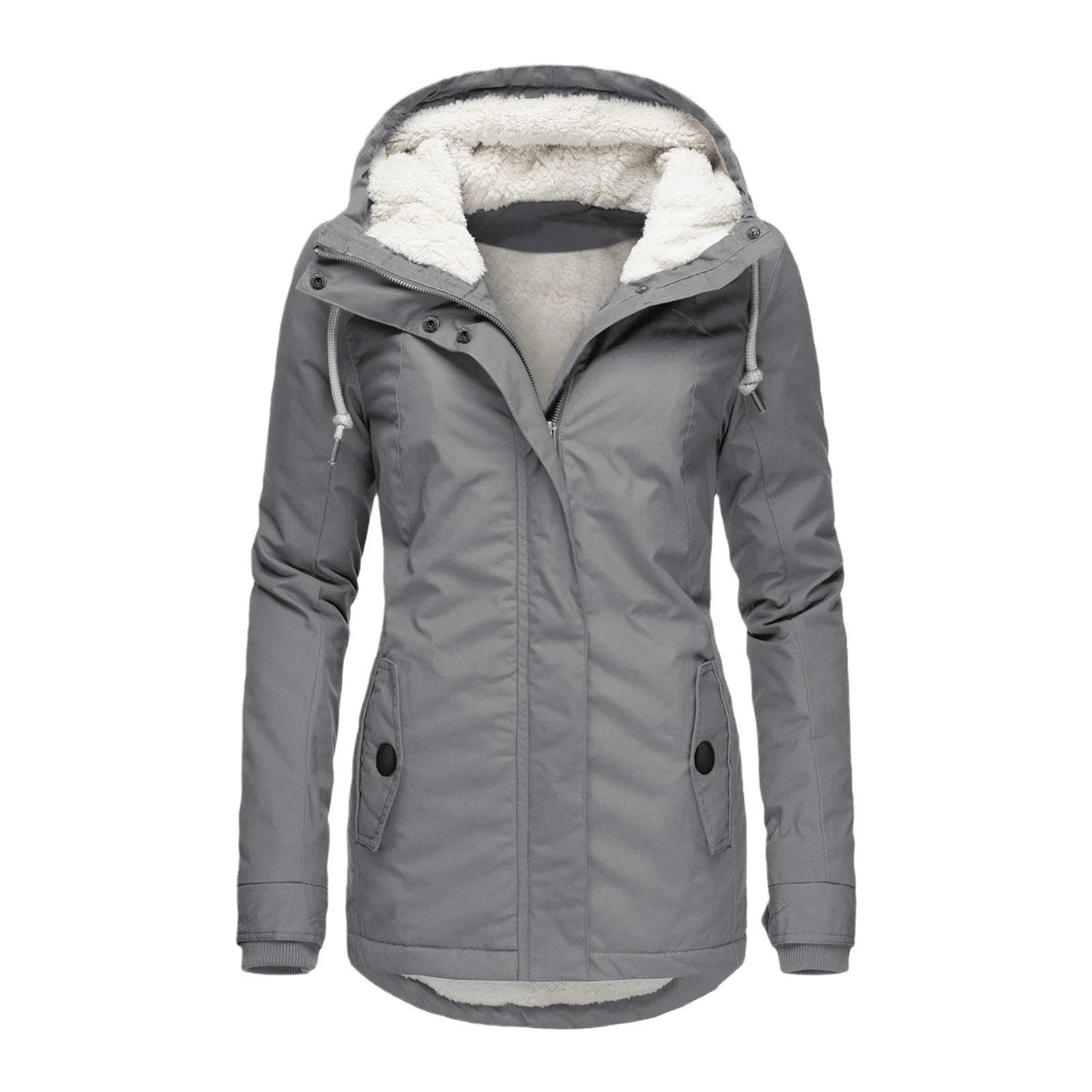 Women's Hooded Zip Coat with Contrast Inner Edge - Grey