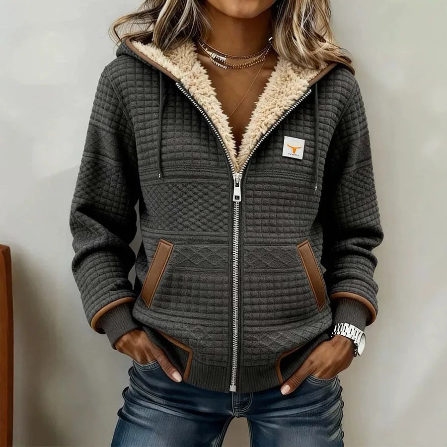 Women's Hooded Zip Jacket with Textured Grid Panels - Gray