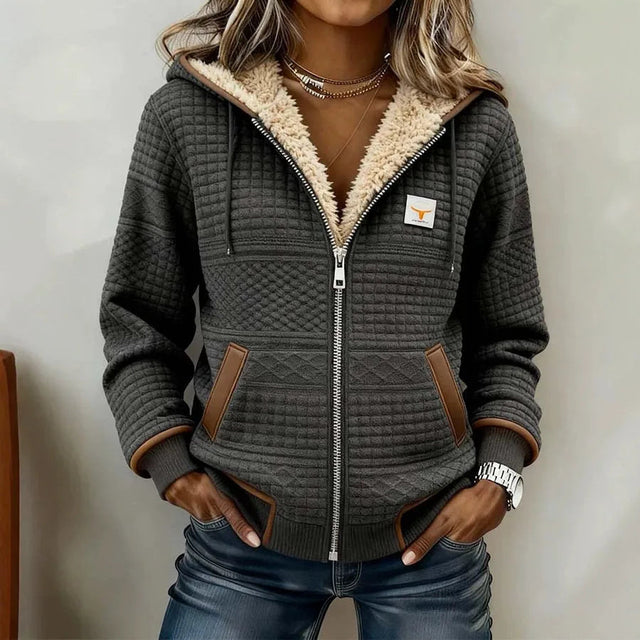 Women's Hooded Zip Jacket with Textured Grid Panels - Gray