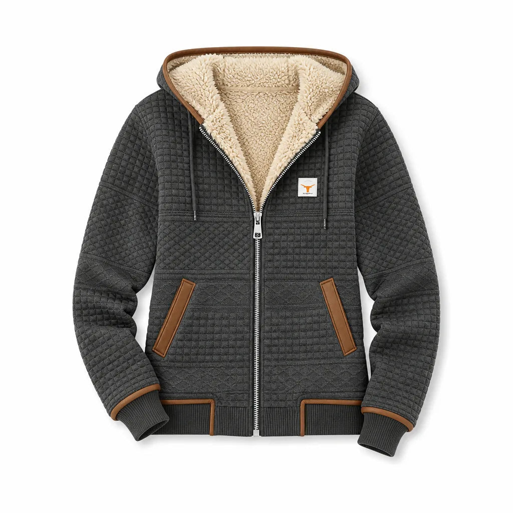 Women's Hooded Zip Jacket with Textured Grid Panels - Gray