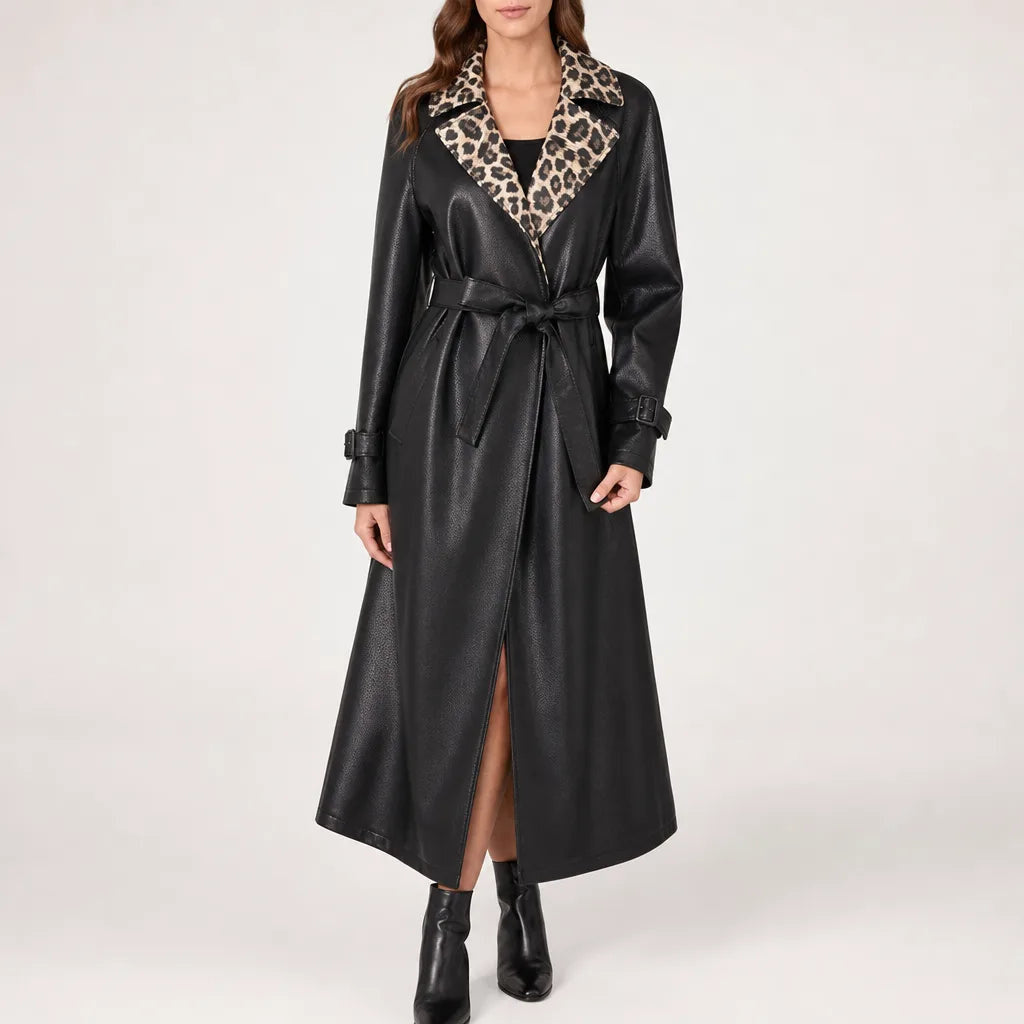 Women's Long Belted Coat with Spotted Contrast Collar - Black