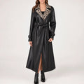 Women's Long Belted Coat with Spotted Contrast Collar - Black