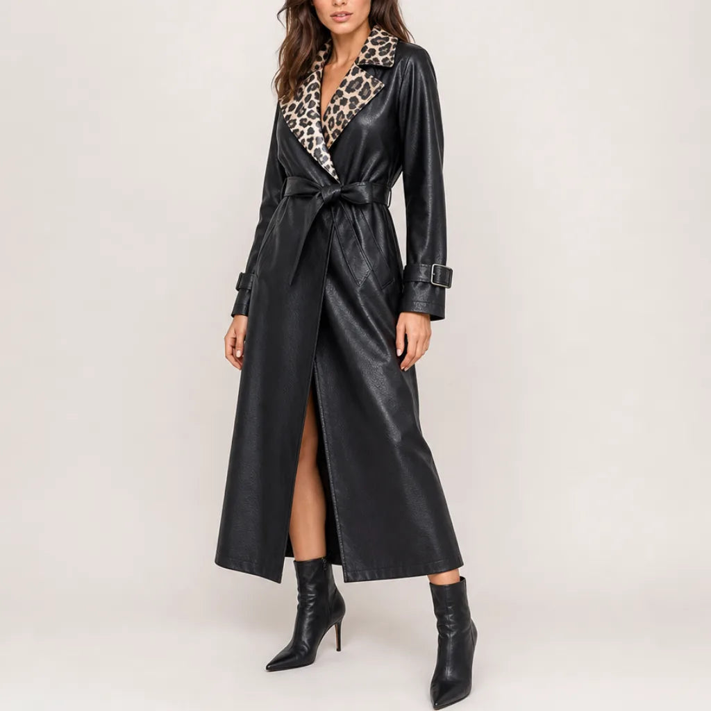 Women's Long Belted Coat with Spotted Contrast Collar - Black