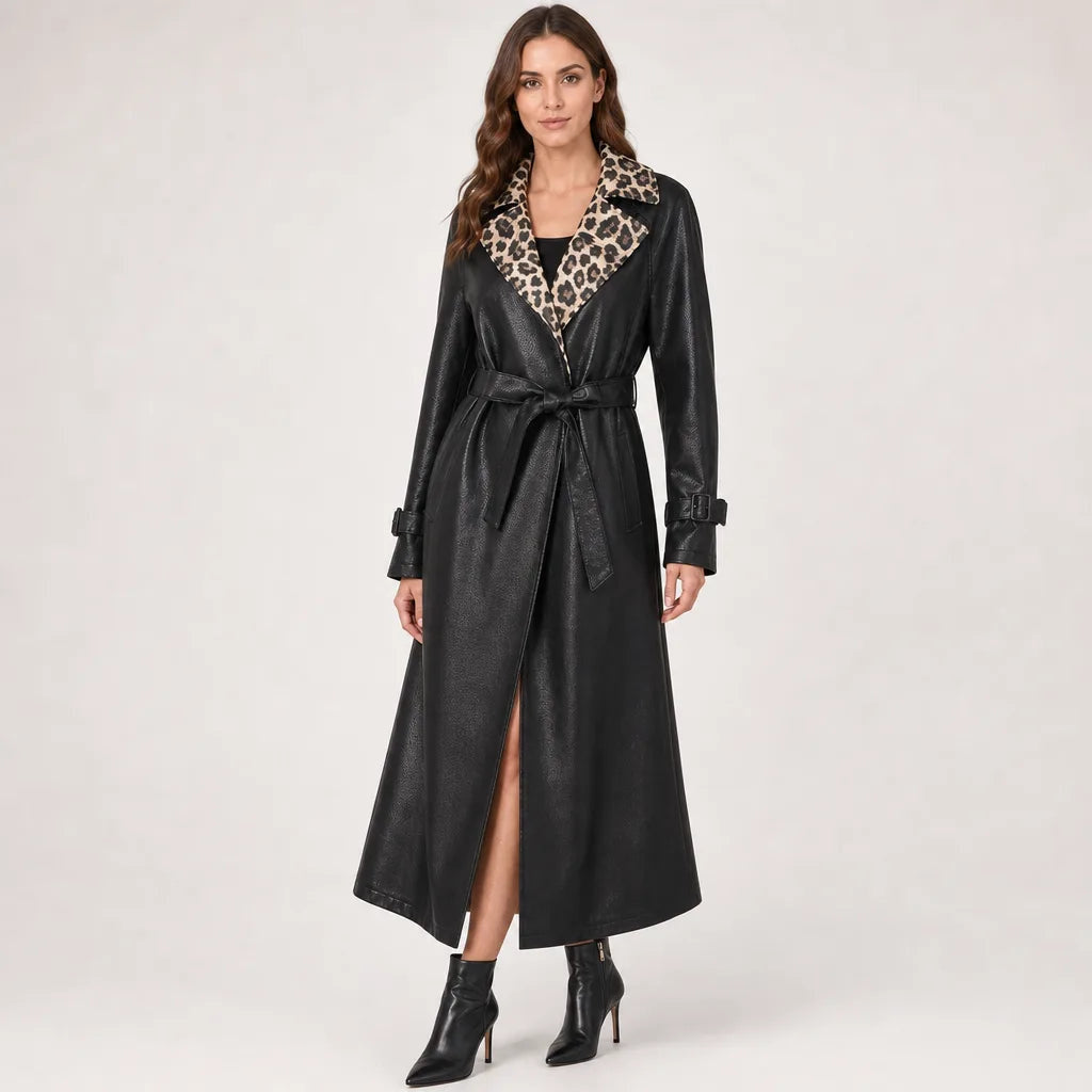 Women's Long Belted Coat with Spotted Contrast Collar - Black