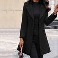 Women's Long Button Coat with Wide Notched Lapels - Black