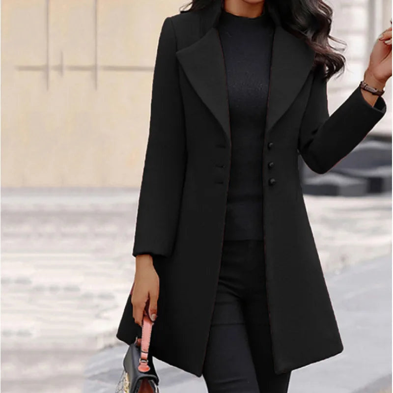Women's Long Button Coat with Wide Notched Lapels - Black