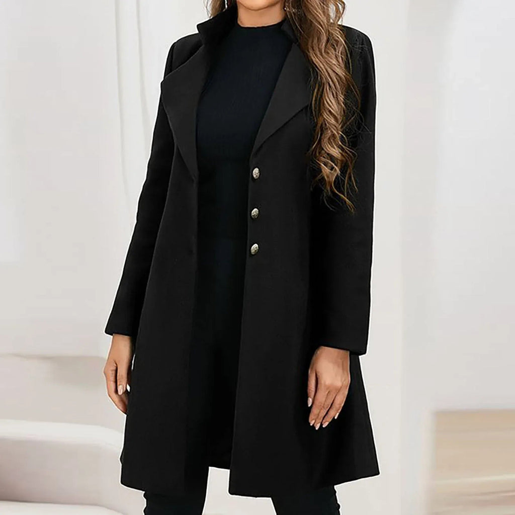 Women's Long Button Coat with Wide Notched Lapels - Black