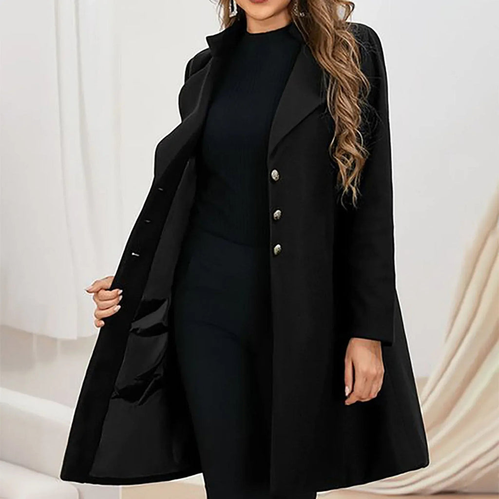 Women's Long Button Coat with Wide Notched Lapels - Black