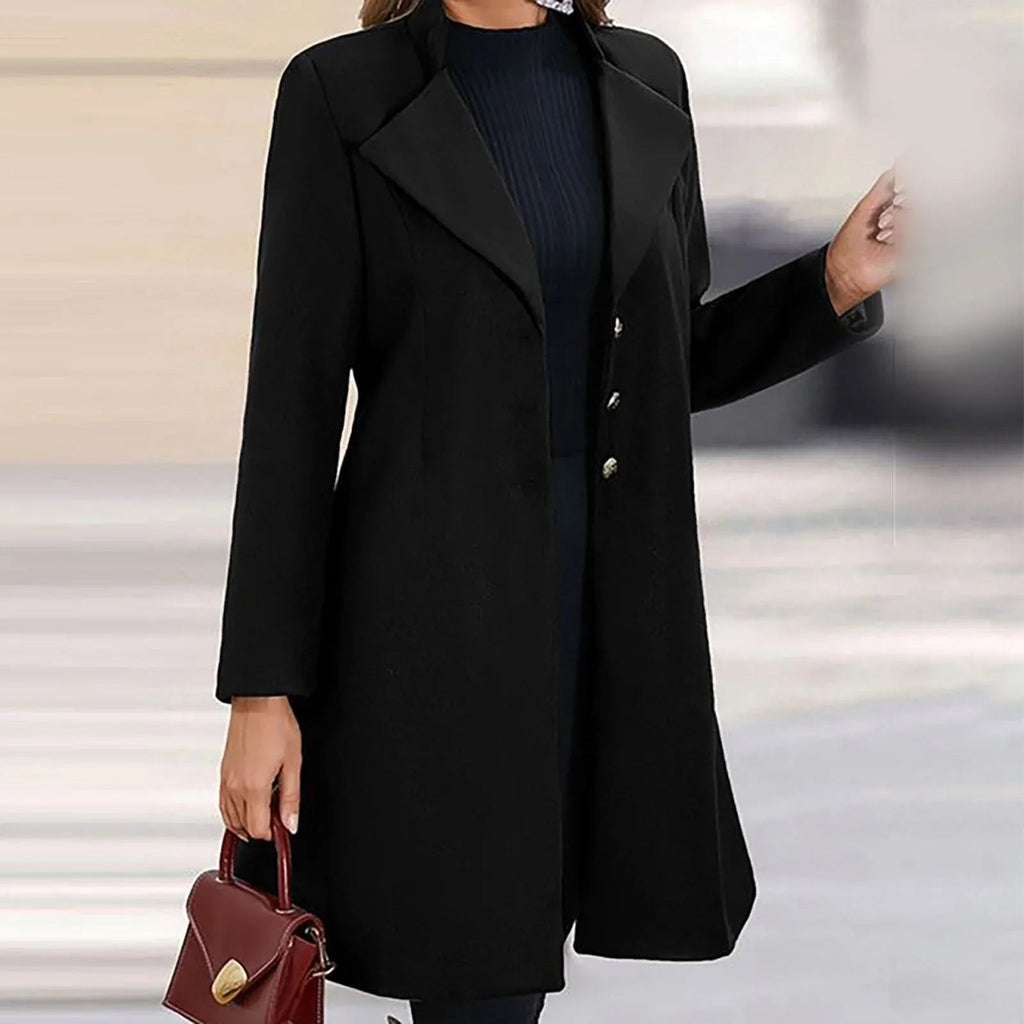 Women's Long Button Coat with Wide Notched Lapels - Black