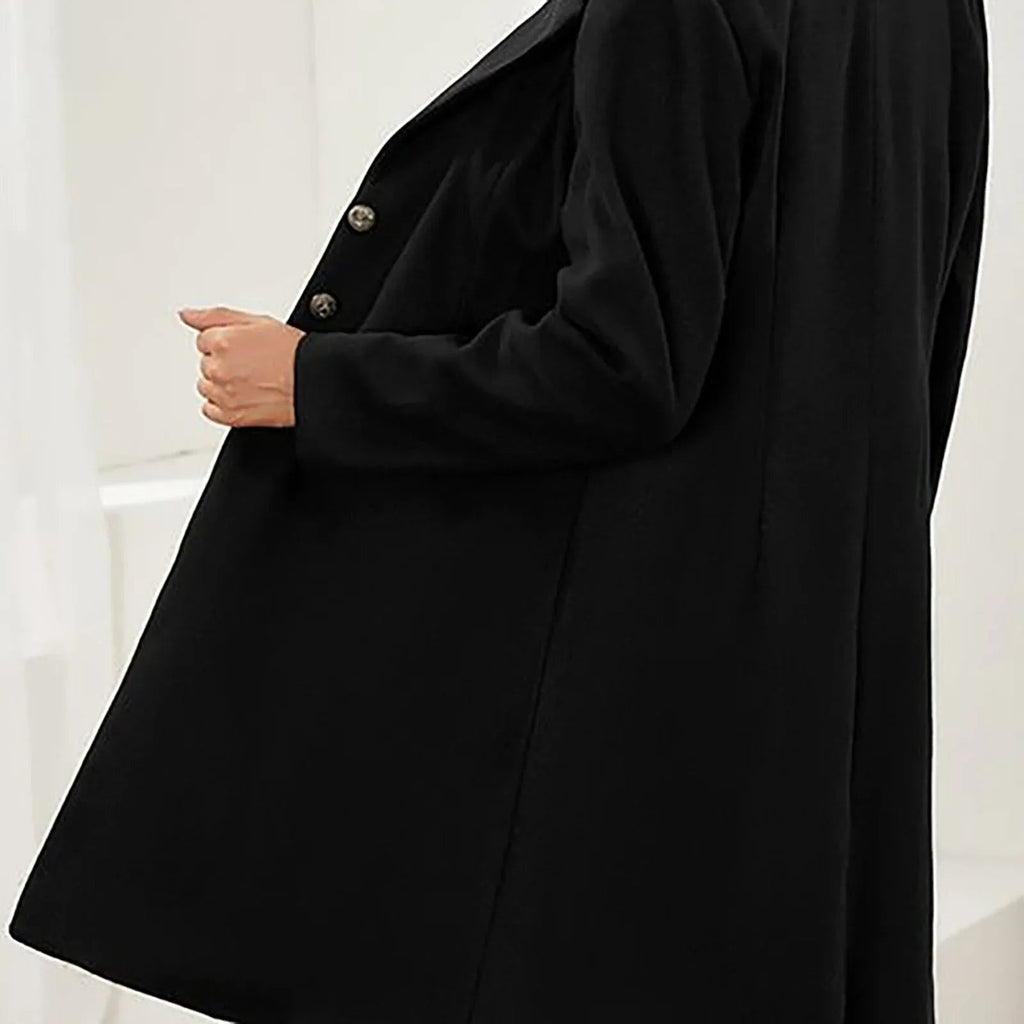 Women's Long Button Coat with Wide Notched Lapels - Black